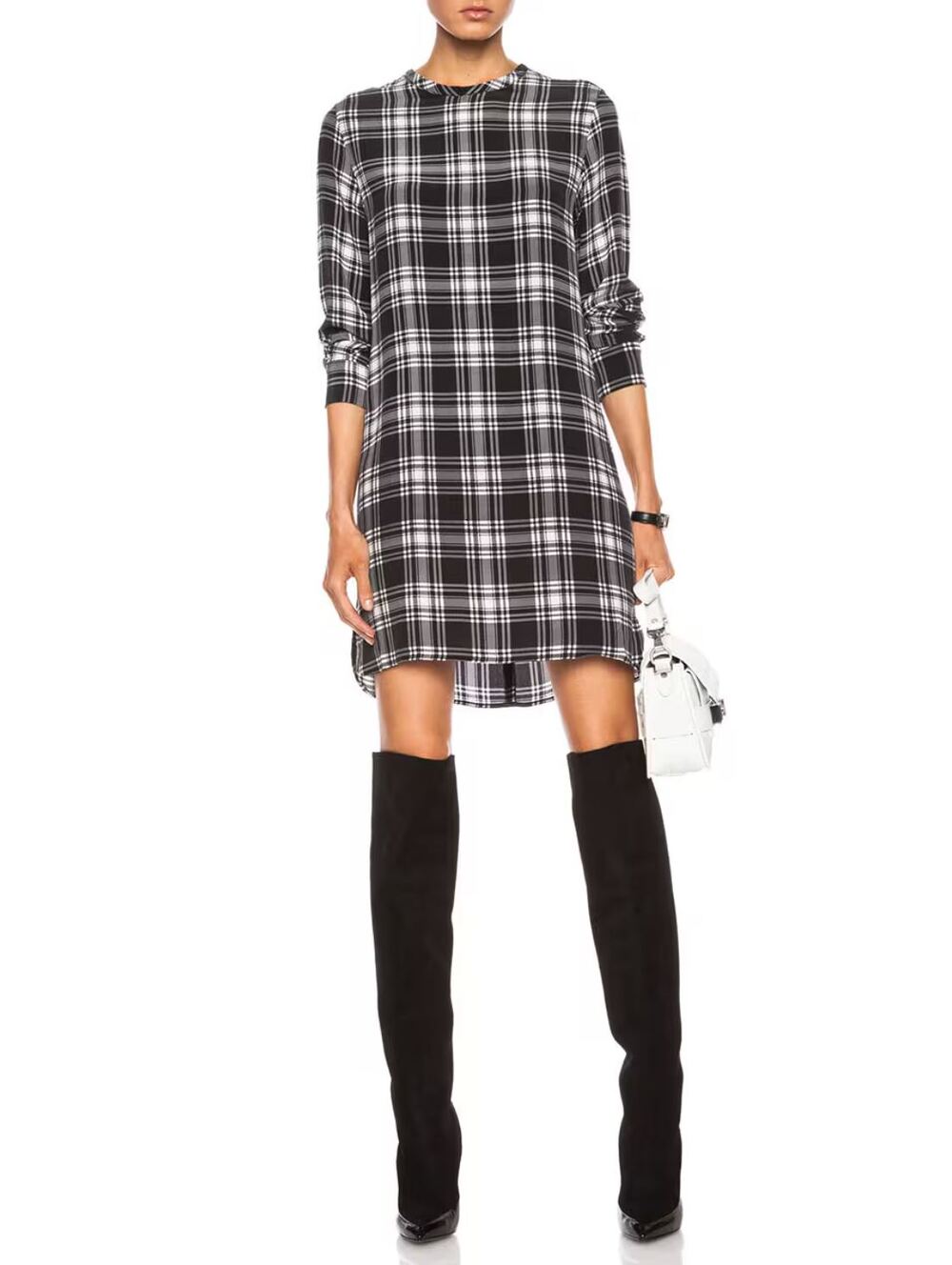 Equipment Femme Owen After Dark Plaid Silk Mini Dress XS Black White Neutral